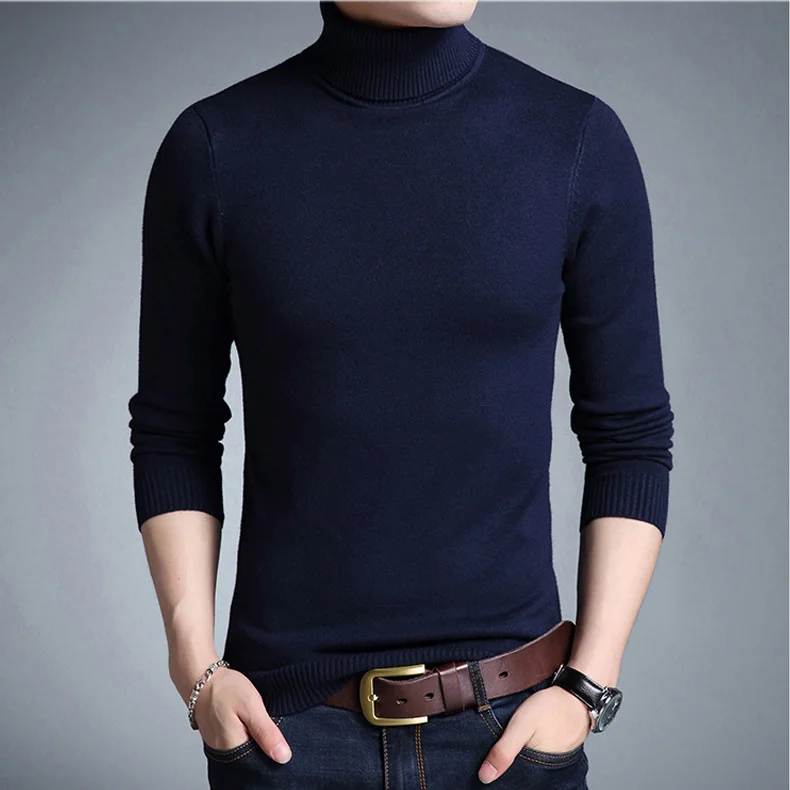 Dark blue Mwxsd осень зима мода для мужчин s Водолазка пуловер свитера для мужчин сплошной длинный рукав пуловеры для мужчин мягкий трикотаж джемпер свитер - Цвет: Dark blue