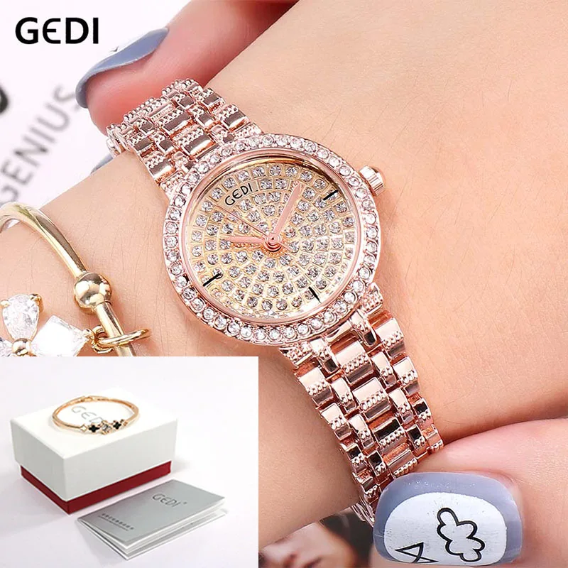 Rosegold Box GEDI леди часы Роскошный горный хрусталь кварц Для женщин наручные часы Мода Нержавеющая сталь ремешок часы для женщин Для женщин часы платье - Цвет: Rosegold Box