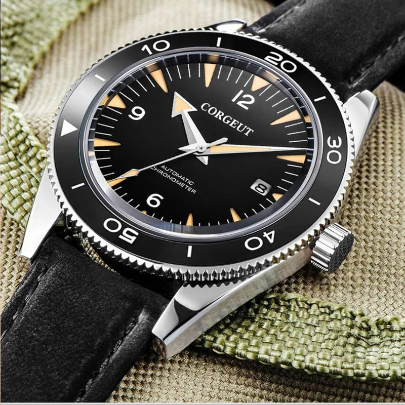 

41mm Corgeut black sterile sandwich dial movement leather strap deployment clasp Automatic mens Watch