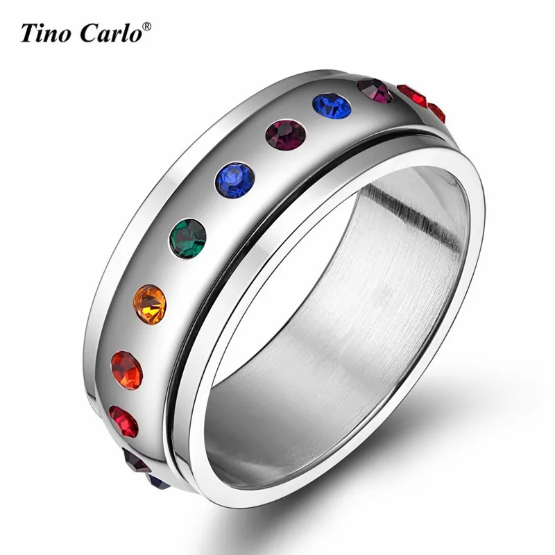 Радуга Кристалл ЛГБТ кольцо Полировки 8 мм Ширина Нержавеющая сталь двухэтажные