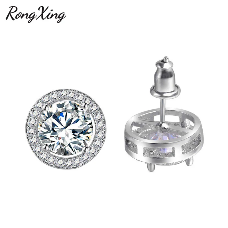RongXing серебряные белые циркониевые круглые серьги гвоздики для женщин Свадебные