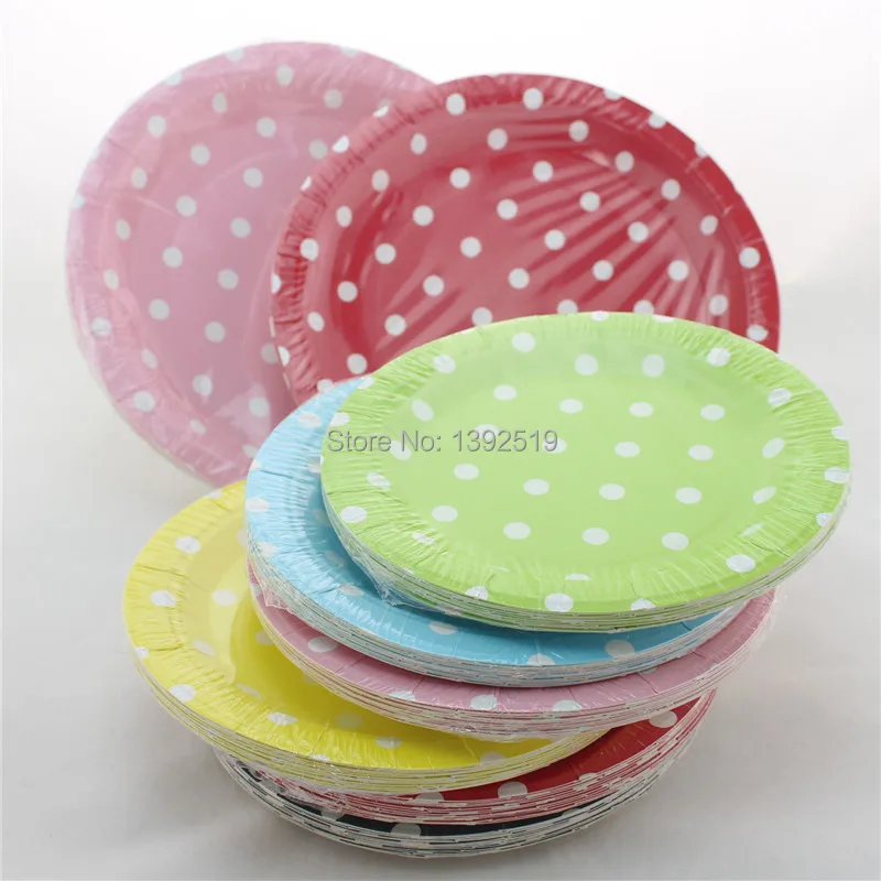Оптовая продажа 120 шт. маленькие круглые бумажные тарелки 7 дюймов в горошек