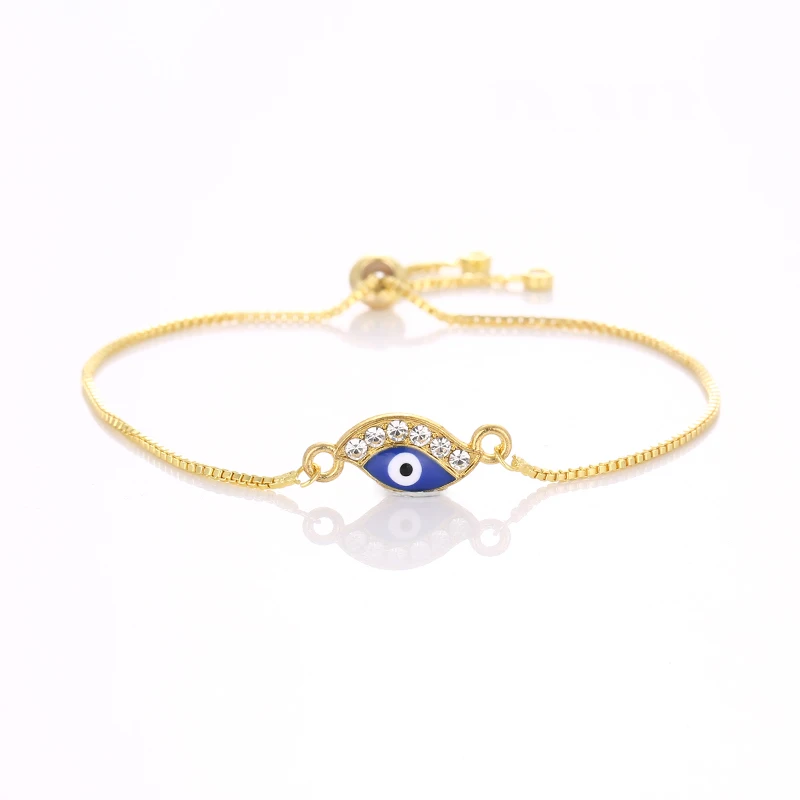Простой трендовый Турецкий золотой браслет со сглаза с синими глазами и цепочкой