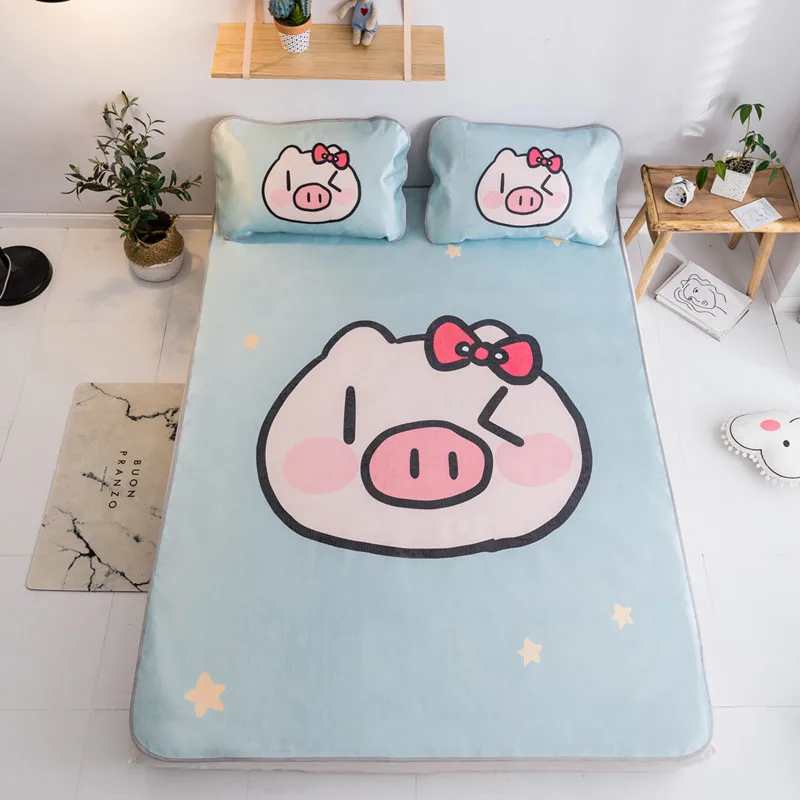 love pig Летний охлаждающий коврик, комплект простыня с мультипликационным принтом, комплект с эластичной птицей, клубничкой, простыня по размеру матраса, леопардовый чехол для кровати, 3 шт - Цвет: love pig