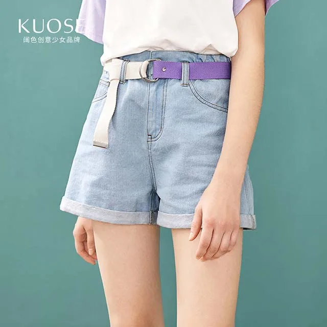 KUOSE, женские классические джинсовые шорты с сложенным подолом, горячие джинсы корейского стиля из чистого хлопка - Цвет: light blue