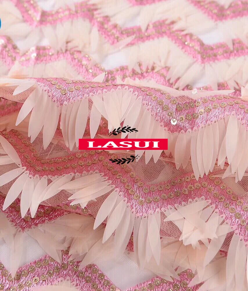 LASUI 1 ярд/1 лот розовая волнистая вышитая блестками кружевная ткань свадебное