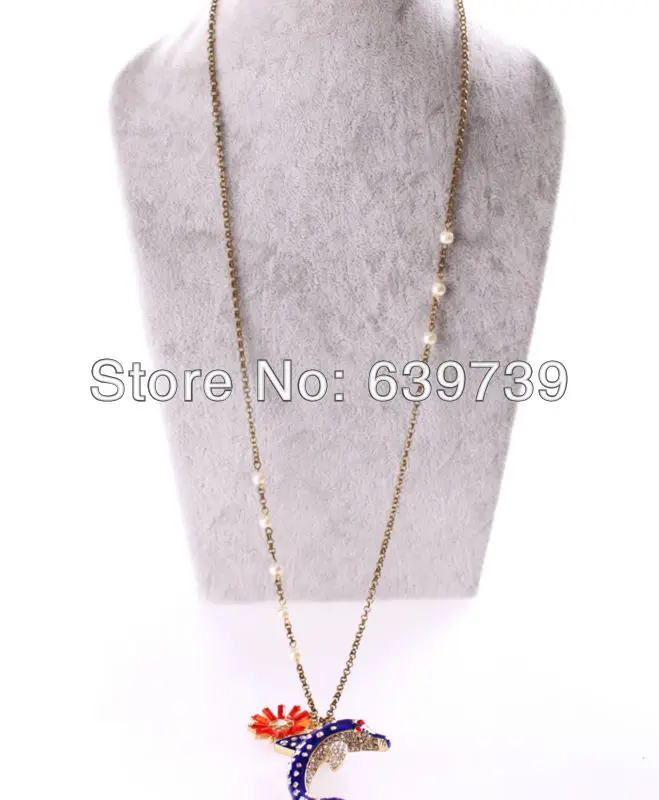 Объемная цена милый синий Дельфин оникс цветок кулон золотой цвет длинное