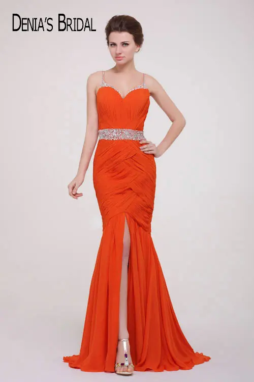 Оранжевые длинные платья для выпускного вечера на бретелях спагетти|evening dress|straight