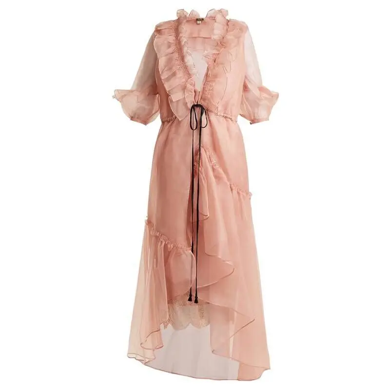 Женское вечернее платье знаменитости розовое элегантное с оборками и v-образным