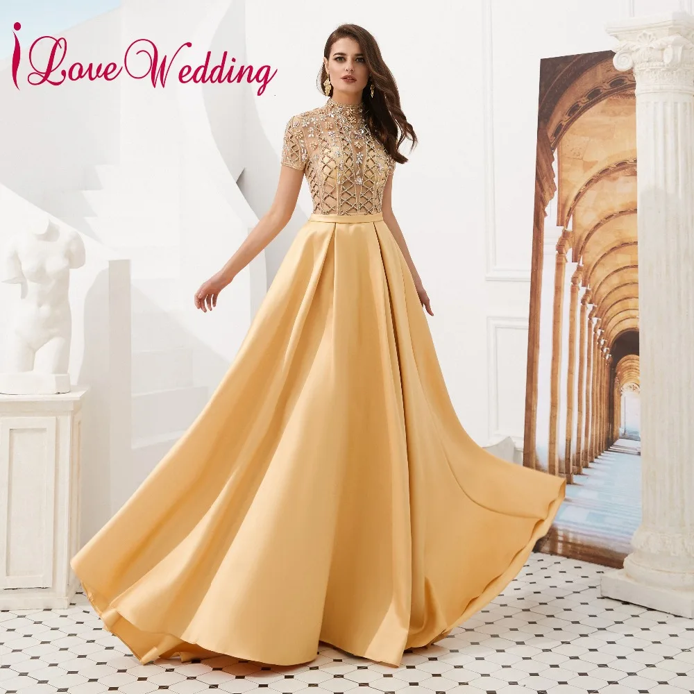 

iLoveWedding Luxury Formal Dress High Neck Heavy Major Beaded Short Sleeves A Line Floor Length Evening Dresses Long