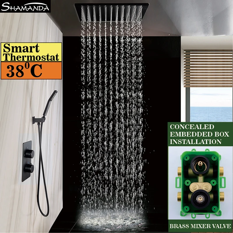 Brass Wall Mounted Black Thermostatic Shower Set Faucets Ceiling/Wall Arm Handheld With 8/10/12/16 Inch Rain Head | Обустройство дома