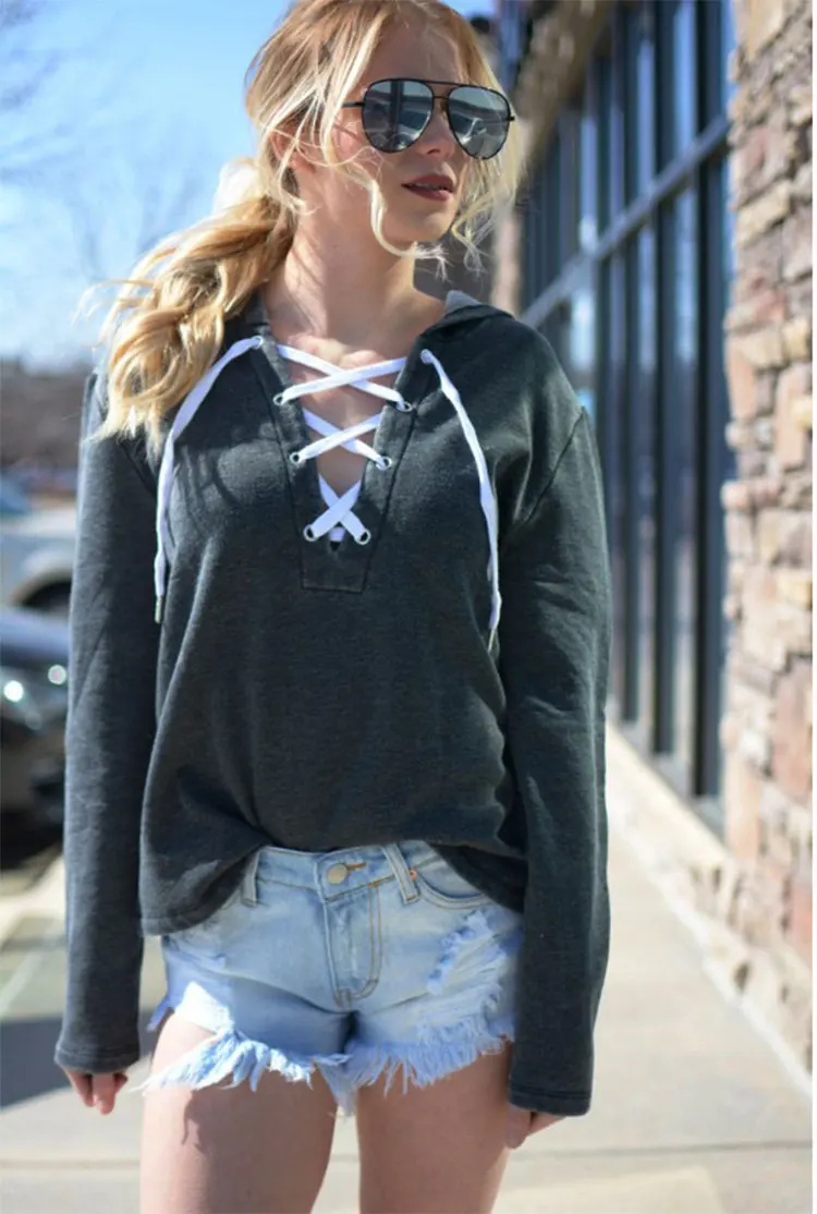 Spring and Summer hot sale Hooded Sweatshirts Sexy Long-Sleeved V-Neck Strap Open Chest Women'S Solid Color Casual Sweatshirts