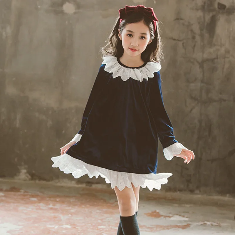 Christmas velvet teenage winter 2019 girls dresses fleece dress for girl lace patchwok long sleeve princess autumn baby | Детская одежда