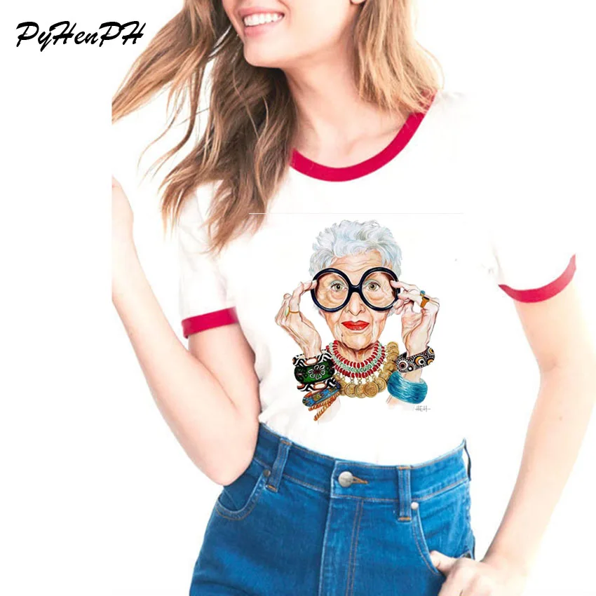 Новинка, женская футболка IRIS APFEL, Модная стильная футболка с круглым вырезом и коротким рукавом, корейские Топы для женщин, женские футболки Kawaii