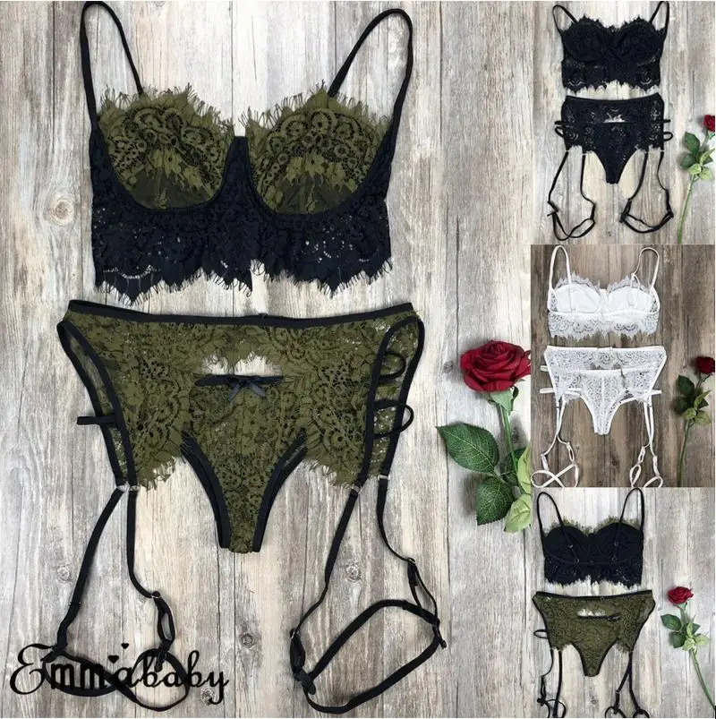

US Fire Sale 3pcs Women Sexy Lingerie Lace Babydoll Bra G-String Garter Belt Set Underwear With Cheap Price