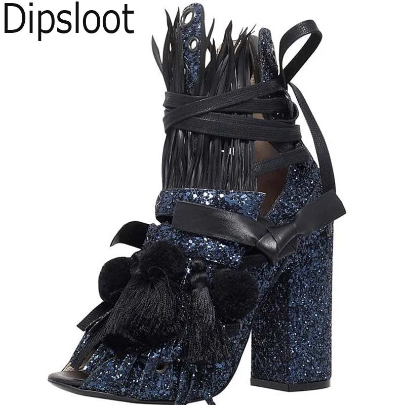 Пикантные женские ботильоны с блестками украшенные перьями и кисточками