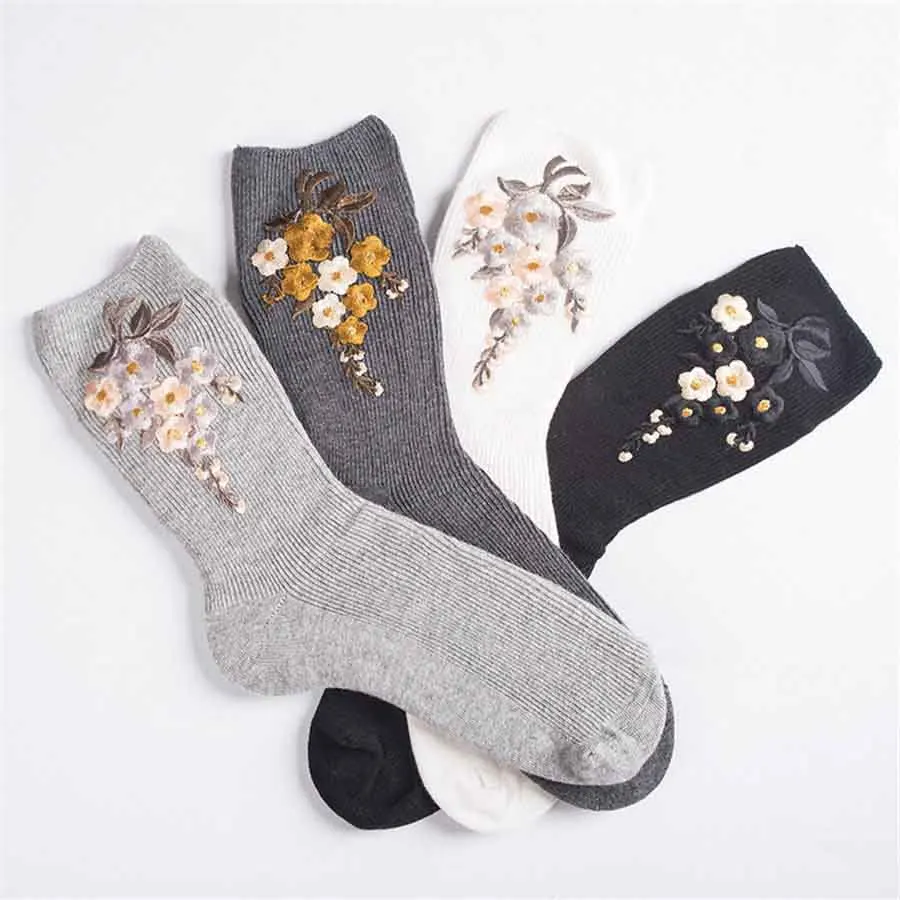 Носки женские теплые однотонные с вышивкой и цветами сливы|woman funny socks|novelty socksfunny