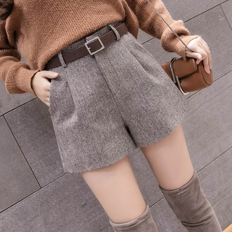 khaki shorts Женские шерстяные шорты, элегантные широкие шорты, Осень-зима, новая мода, высокая талия, повседневные шорты трапециевидной формы, свободный пояс - Цвет: khaki shorts