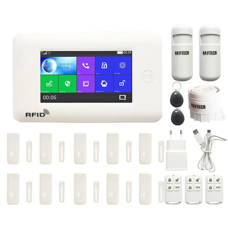 DAYTECH WiFi GSM сигнализация, система безопасности, ЖК-дисплей, цветной сенсорный экран, беспроволочная домашняя система DIY, GSM система, 8 языков, детектор движения, пожарный датчик - Цвет: TA03WH-Kit4
