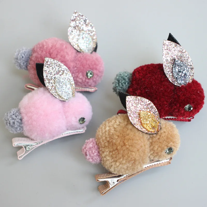 

12pcs Boutique Cute Pom Pom Rabbit Hairpins Solid Glitter Bunny Hair Clips Barrettes Princess Headwear Fashion Hair Accessories