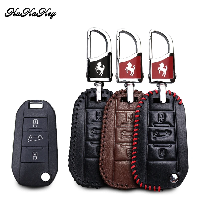 

KUKAKEY Genuine Leather Car Key Case Flip Remote Protect Cover For Citroen C4 CACTUS C5 C3 C4L Peugeot 508 301 2008 3008 408