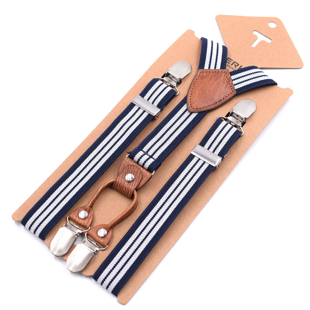 Navy White Stripes 14 цветов, Модные полосатые подтяжки для мальчиков и девочек, 4 зажима, Y-Back, регулируемая эластичная система ремней для переноски ребенка, одежда, аксессуары - Цвет: Navy White Stripes