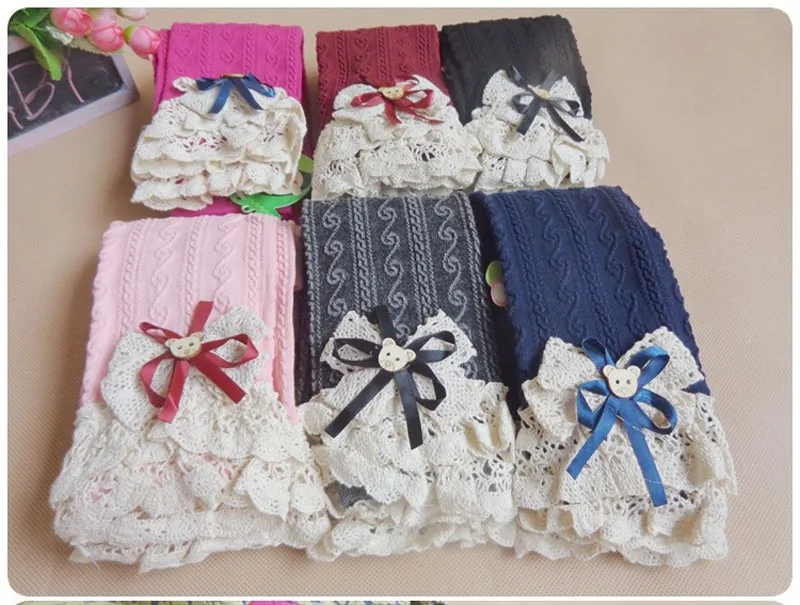 Зимние леггинсы для маленьких девочек модные детские с бантиком и кружевом