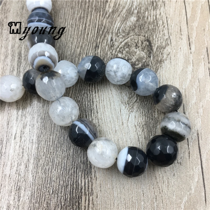 Круглая граненая черно-белая кружевная бусина из натурального камня в полоску
