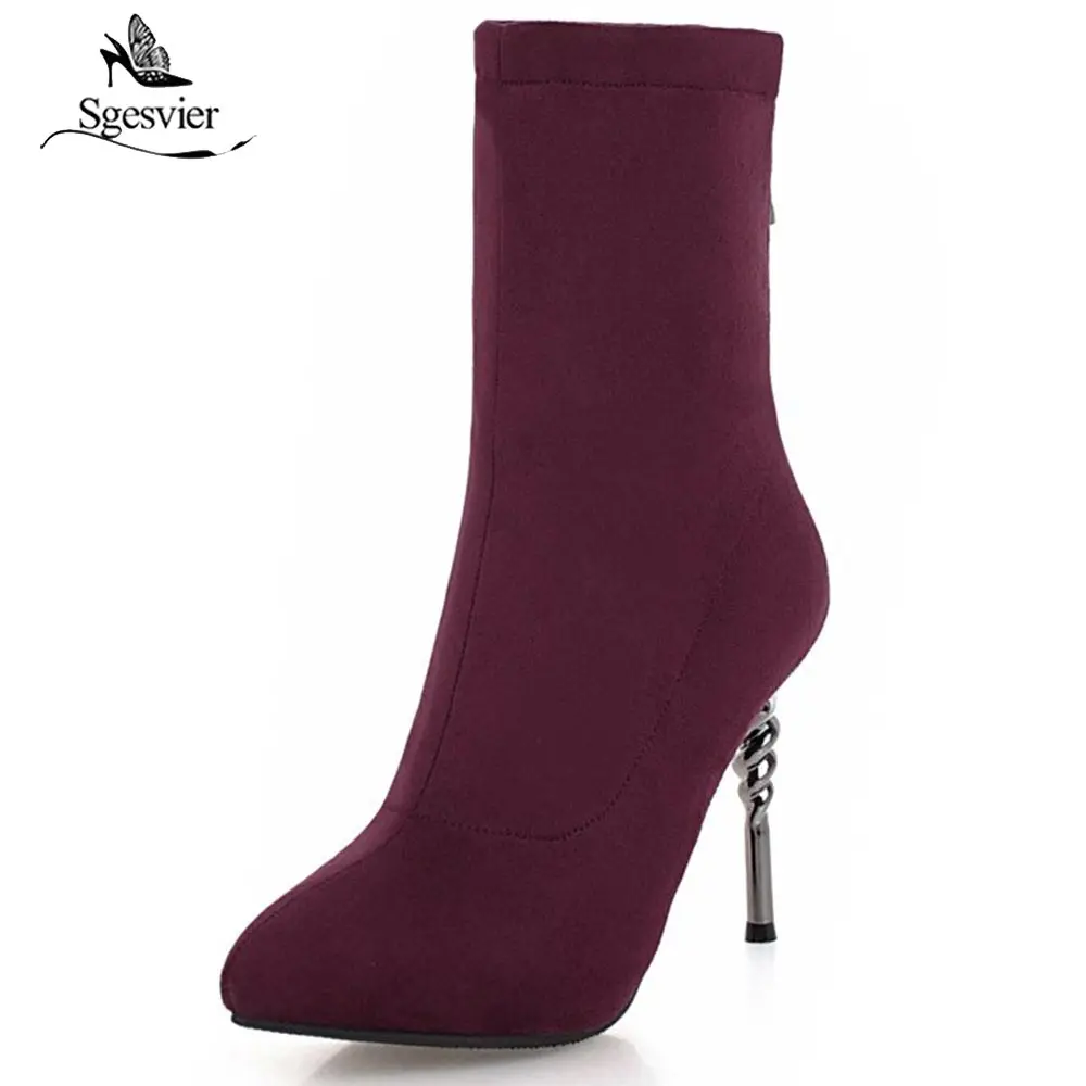 

Sgesvier New Women Sock Boots Pointed Toe Zipper High Boots Winter Warm High Heel Ankle Boots Women Pumps Stiletto Botas OX667