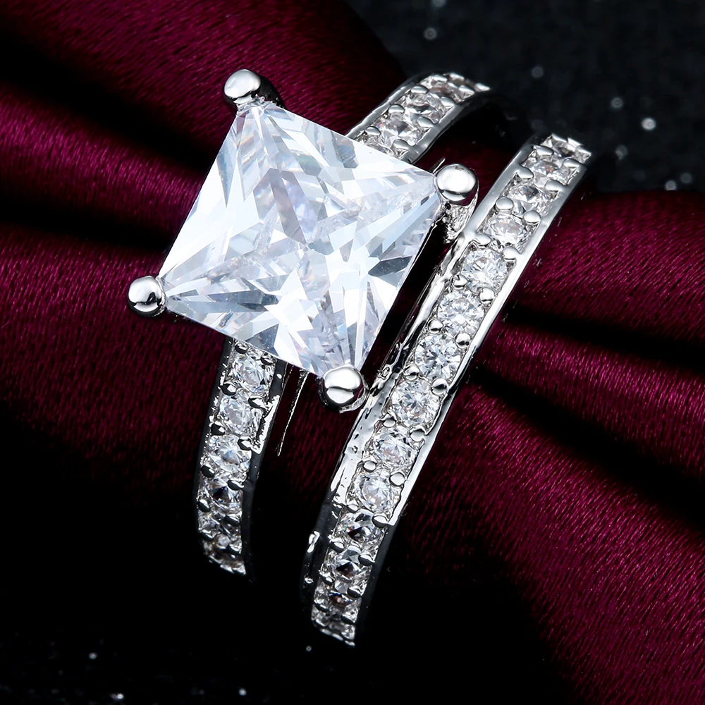 vintage silver plated promise Rings sets new fashion large square zircon jewelry gift princess Engagement Ring for women | Украшения и