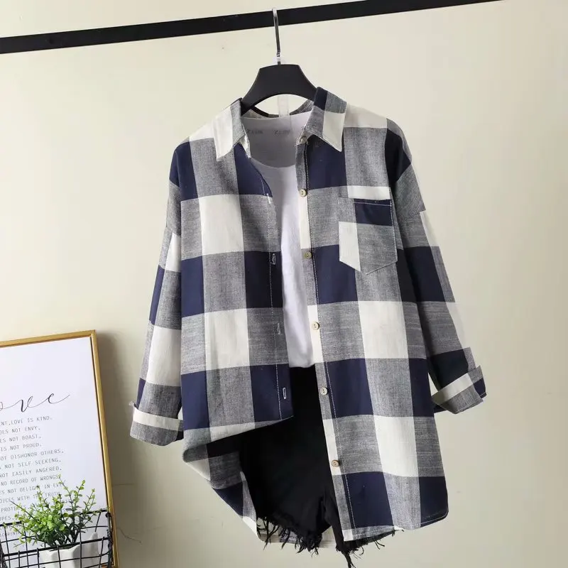 2019 Spring Long Sleeve Women's Plaid Causal shirt Plus Size S-2XL Turn Down Collar Cotton Femme Tops Mujer New |