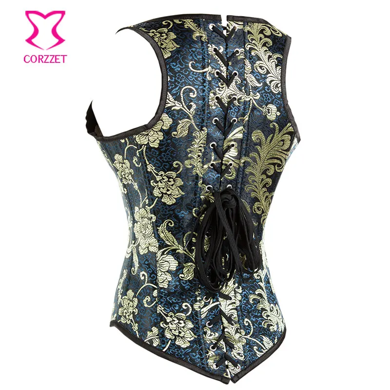 Винтажный Готический корсет для талии с вышивкой золотого/синего цвета под