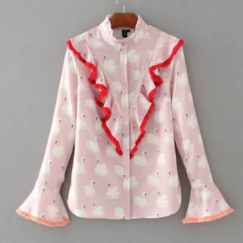 Женская блузка с длинным рукавом Винтажная футболка кисточками и принтом лебедя