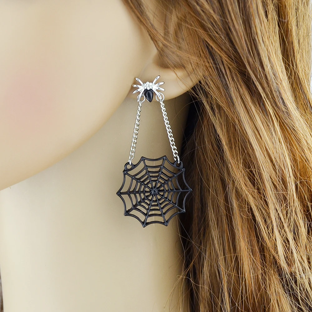 Feelontop Statement Earrings Silver Color Chain Jewelry Spide Pattern With Black SpideWeb Shape Drop For Women|chain drop earrings|chain earringsdrop