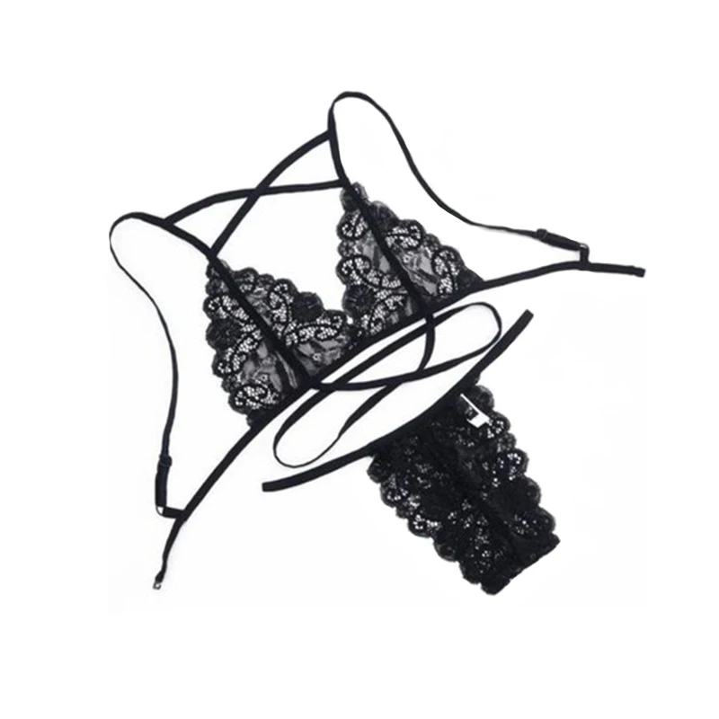 Women Sexy Lace Bra Set Transparent and Panty Sets High Waist G-string Cross Strap Brassiere Vs Bras Black Lingerie | Женская одежда