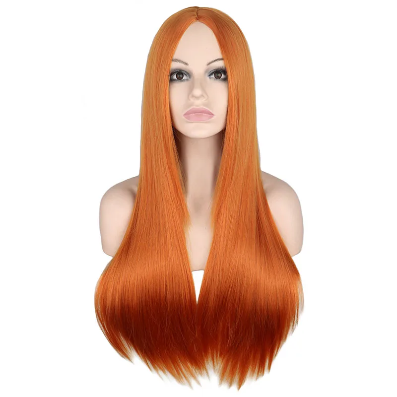 QQXCAIW Long Straight Middle Part Wig For Women Party Blonde Orange Purple Gray Hair Heat Resistant Synthetic Hair Wigs