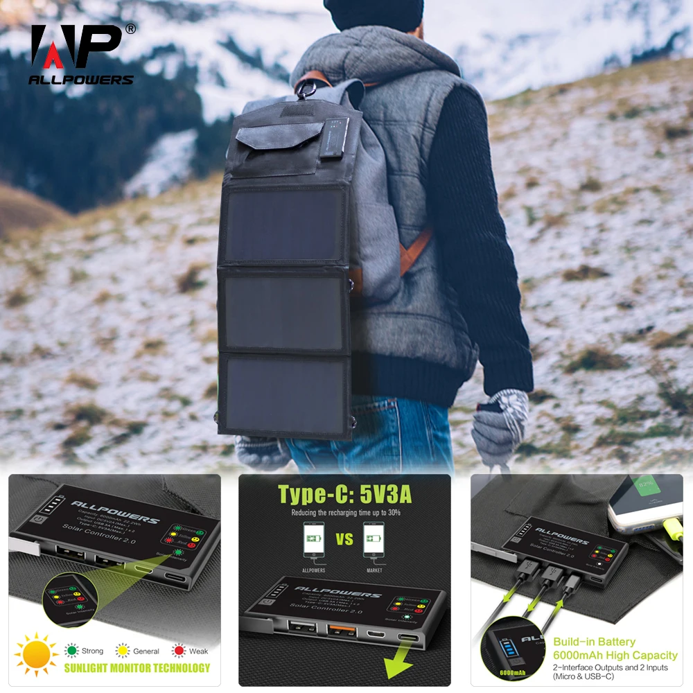 ALLPOWERS зарядное устройство для телефона 5V 15W Солнечное зарядное устройство Dual USB и type-C 5V 3A(макс.) Зарядное устройство на солнечной батарее