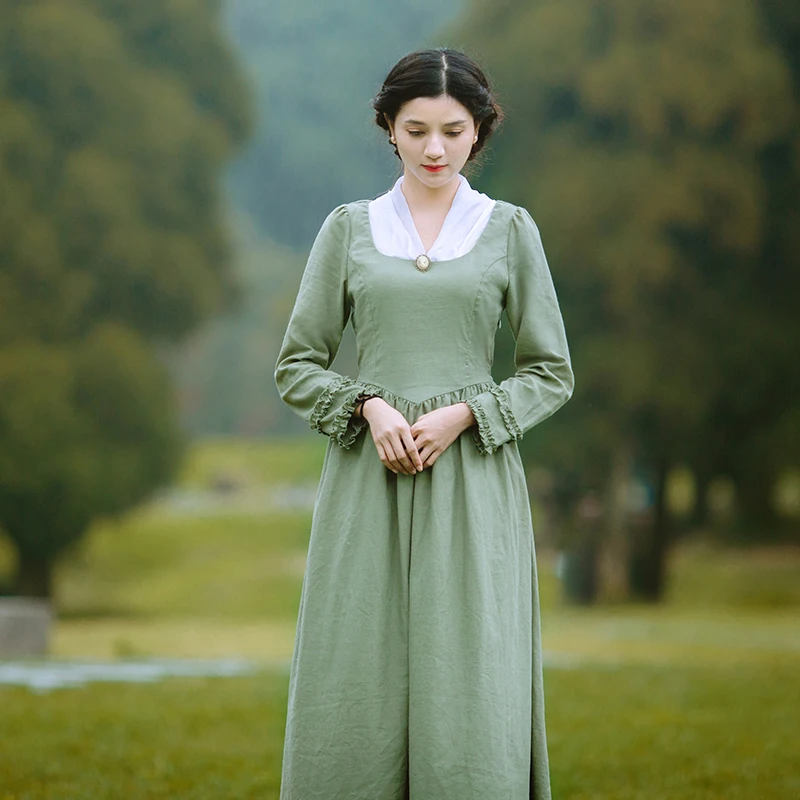 Vestido, весенне-осеннее женское винтажное платье с v-образным вырезом и длинным рукавом, элегантное тонкое льняное платье принцессы, светильник с кружевом, Зеленое Длинное Платье sukienki
