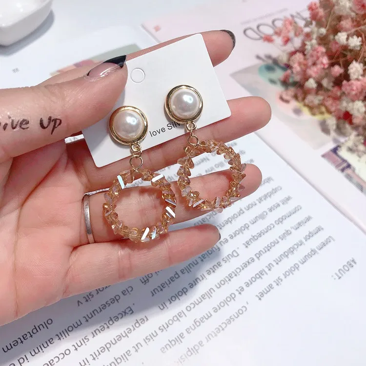 circle geometric crystal pearl earring 925 silver post Hypoallergenic fadeless fashion jewelry stud earrings for women gift | Украшения и
