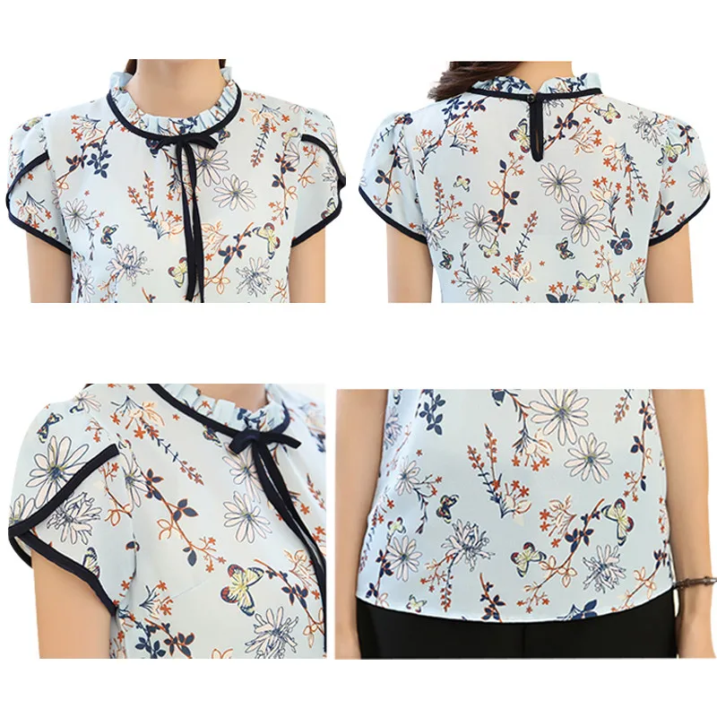 RibbonFish Women Spring Summer Style Chiffon Blouses Shirts Short Sleeve Flower Printed Bow Tie Decor Blusas Top Feminina DF1265 | Женская