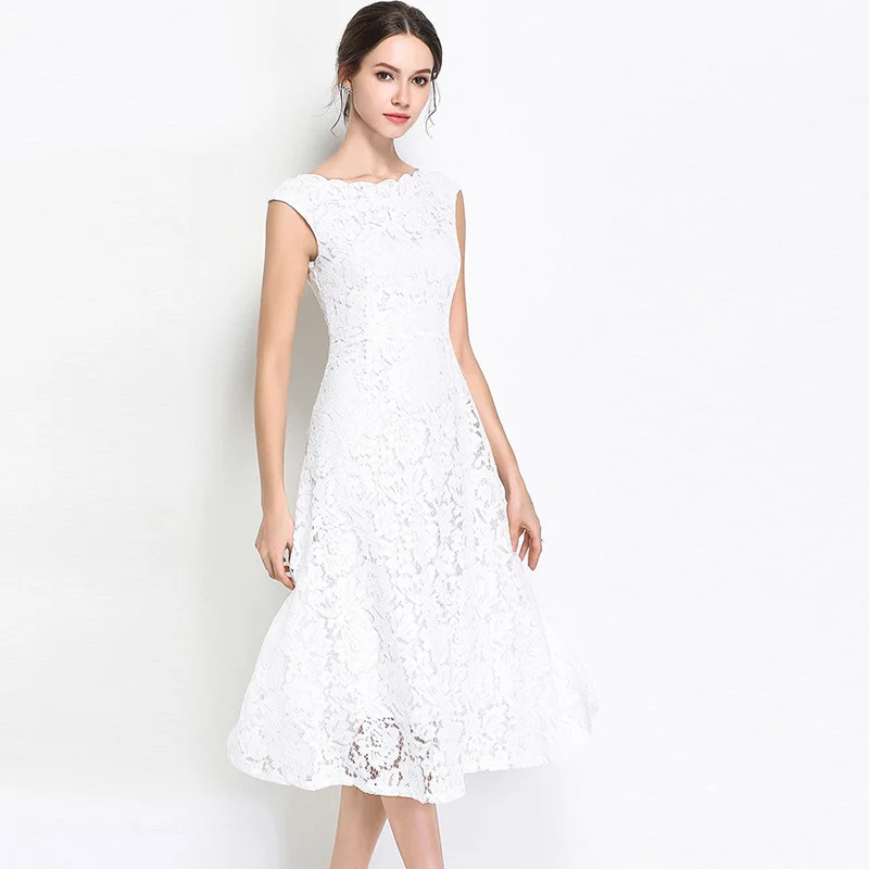 Летние платья 2019 новая волна воротником без рукавов кружевные средней длины