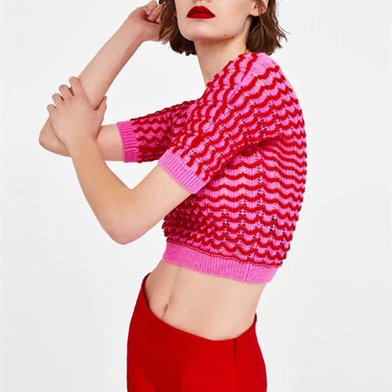 2018 на лето и весну v-образным вырезом Для женщин трикотажный кроп топ с фигурными