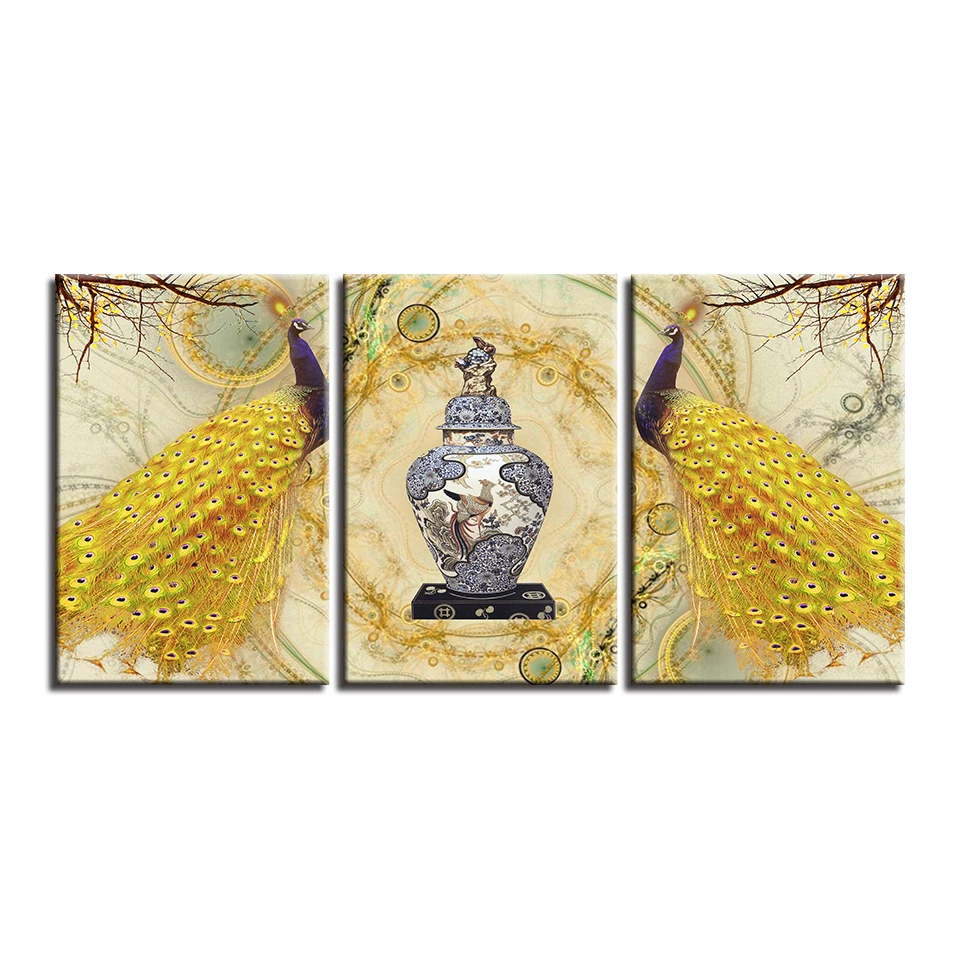 Холст HD печать плакат настенная художественная рамка 3 панели Золотой павлин