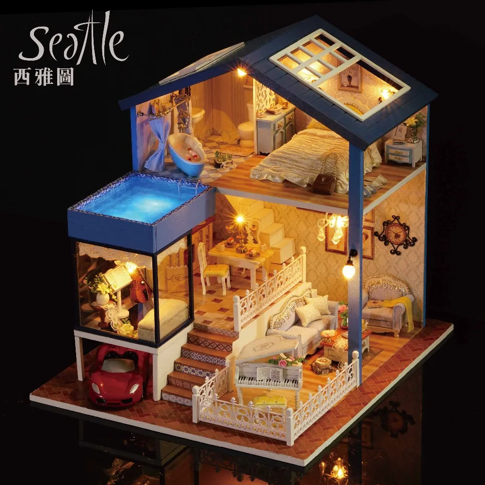 Деревянный кукольный домик сделай сам миниатюрный дом вилла Сиэтл большой с