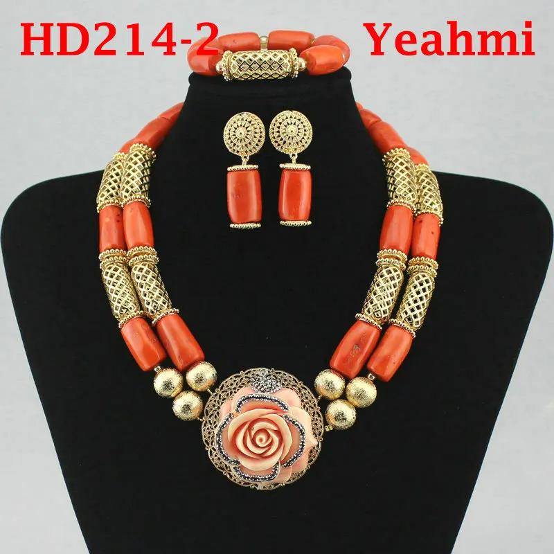 

Genuine Coral Necklace Jewelry Set for Brides Nigerian Wedding African Coral Beads Jewelry Set Gold Dubai Party Beads HD214-2