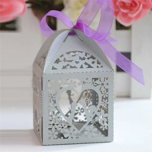 light silver pearl Gold metallic paper laser cut personalized wedding sweets box - Цвет: light silver pearl