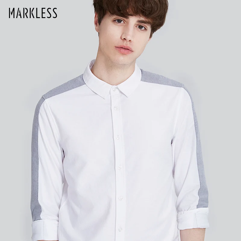 Markless осень 2017 г. белая Лоскутная рубашка мужская с длинными рукавами 100% хлопок