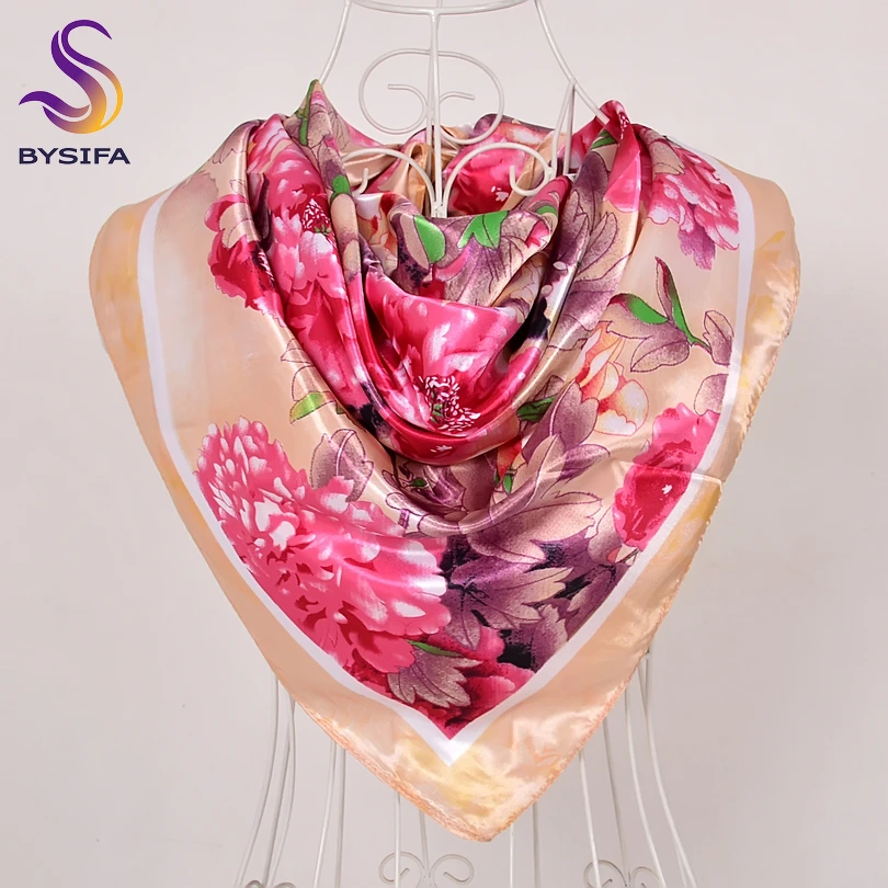 

[BYSIFA] Spring Autumn Beige Pink Peony Silk Scarf Shawl Women Fashion Brand Peony Square Scarves Wraps 90*90cm Winter HeadScarf