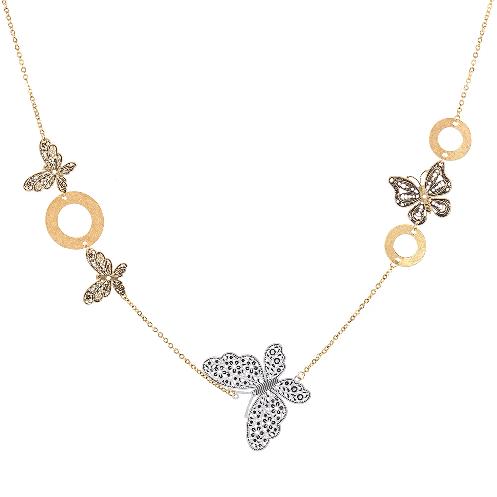 Модные Bijoux древних Золото Серебро цепи ожерелья бабочки выдалбливать Подвески