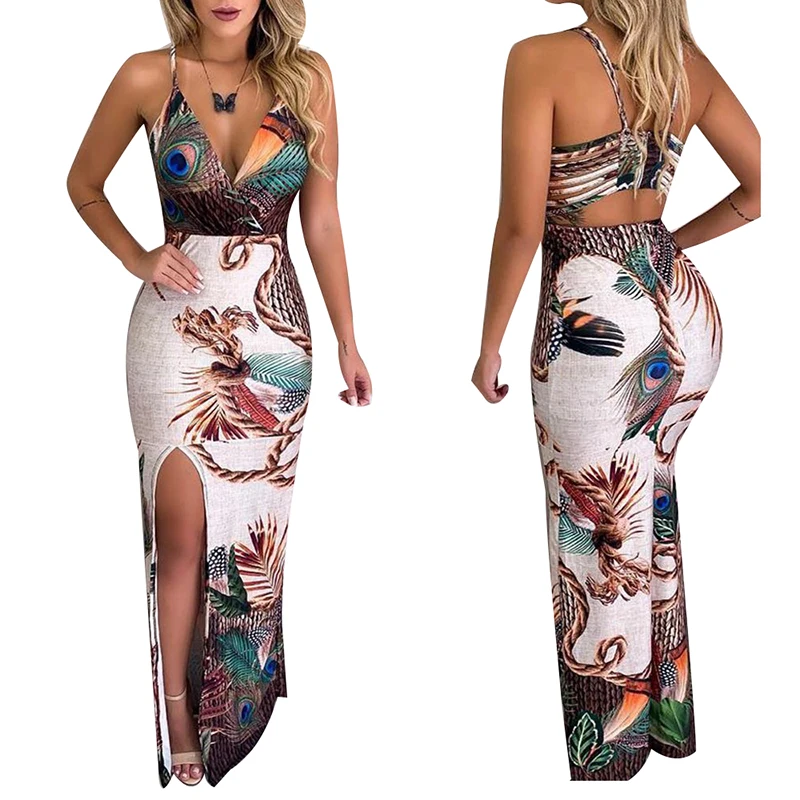 Женское сексуальное платье на тонких бретельках с принтом павлина v образный